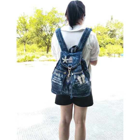 Blue Denim Backpack Purse with Rhinestones, Casual Daypack, 15-inch - Picture 2 of 7